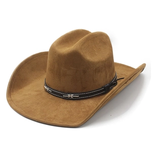 Cappello da cowboy western in pelle scamosciata marrone con cinturino in pelle e cuciture