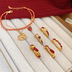 Vintage Red Enamel Ring Gold Plated Copper With Zircon Adjustable Open Hand Jewelry For Women