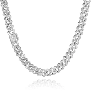 Macro shot of silver hip hop Cuban link necklace with pavé set zircon crystals on square clasp