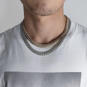 10mm double row zircon rhombus Cuban link necklaces in gold and silver on a model