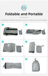 Step-by-step diagram showing the folding process of a gray lightweight sports backpack