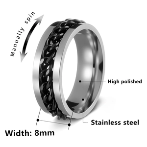Detail view of 8mm stainless steel spinner ring with black chain for anxiety relief
