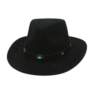 Detail of black wool fedora featuring a brown belt with turquoise gemstone and silver studs