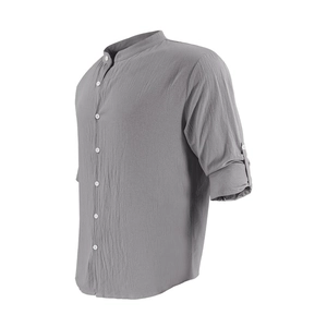 Detail view of grey cotton linen shirt with mandarin collar and breathable texture
