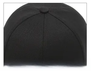Detailed macro view of the six-panel stitching and top button on this black baseball cap