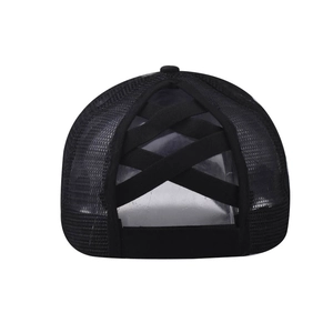 Black mesh high ponytail baseball cap with criss-cross elastic back for women