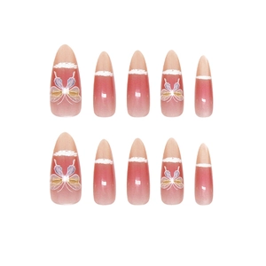 Pink gradient coffin nails with butterfly accents and white french tips for women