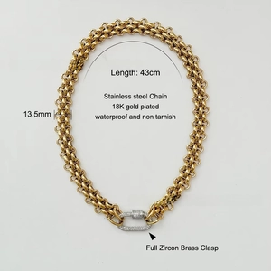 Detail of 13.5mm thick 18K gold plated stainless steel chain with zircon brass clasp