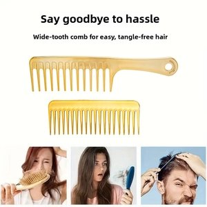 Detail showing two-piece golden wide-tooth comb set for easy detangling and hair styling