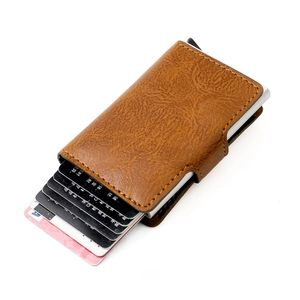 Detailed back view of a brown lychee-patterned RFID-blocking slim wallet with pop-up card slot