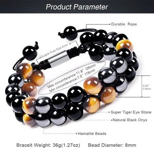 Double layer 8mm tiger eye and black onyx beaded adjustable bracelet for men
