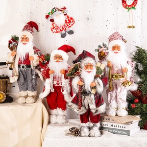 Standing Santa Claus Doll Figurine Fabric Plastic PVC Faux Fur Trim Festive Christmas Tabletop Decoration Ornament