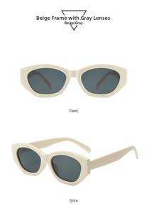 Front and side view of retro cat eye sunglasses with beige frames and gray lenses