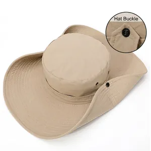 Sombrero de sol para exterior con ala ancha protección UV beige y detalle de botón a presión