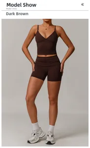 Deep V-neck sports bra and high-waisted shorts set in coffee brown for yoga fitness