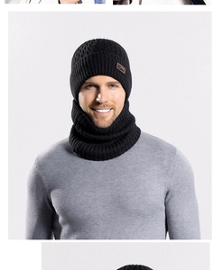 Close-up of black knitted beanie and neck warmer set with soft fleece lining and logo