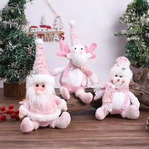 Christmas Plush Doll Ornaments Pink Sequin Knitted Santa Snowman Reindeer Telescopic Legs Tabletop Shelf Home Decoration
