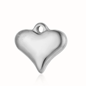 Polished heart shaped stainless steel pendant with silver finish on white background