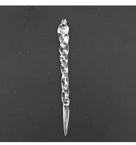 Close-up of clear acrylic Christmas icicle ornament with spiral texture and hanging loop