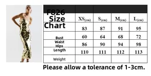 Detailed size chart for gold sequin mermaid evening gown including XS-L measurements