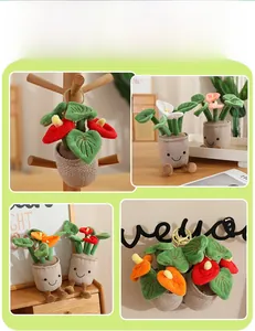 Detail of plush anthurium plant keychains in red, orange and white with smiling pots