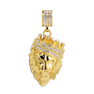 Hip hop lion head pendant necklace with crown and sparkling crystals in gold finish