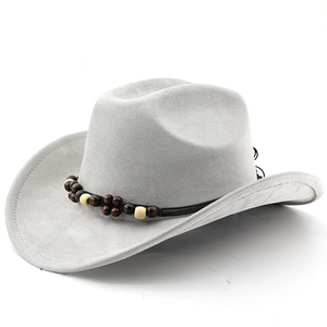 Detailed view of light grey wide brim cowboy hat with dual-tone ethnic wood bead band