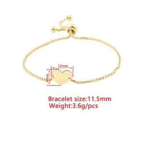 Detailed view of adjustable golden heart bolo bracelet with 12mm x 9mm pendant size