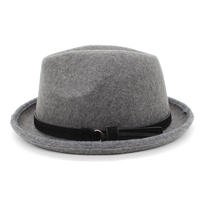 Classic grey wool fedora hat with a black decorative band and a small gold metal ring