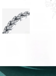 Macro detail of leaf-shaped S925 sterling silver ring featuring micro-pave AAAAA zircon