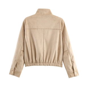 Veste courte pour femme en daim kaki avec ourlet élastique et col montant, vue de dos