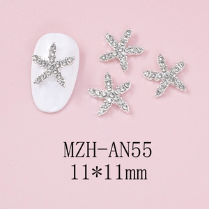 Detailed view of silver starfish nail art charm with rhinestones and 11*11mm dimensions