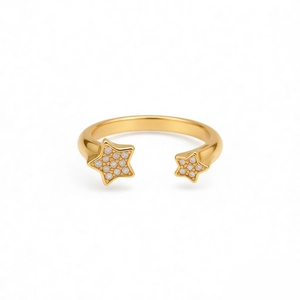 Minimalist 18k gold plated open ring with two sparkling zircon stars in a modern design