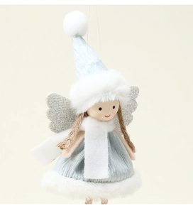 Detail of blue plush angel Christmas ornament with silver wings and knit hat decoration