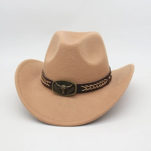 Detail of khaki cowboy hat featuring brown leather band and bronze bull head ornament