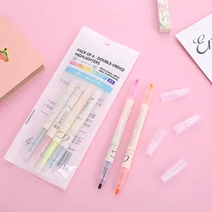 Set of 6 colorful dual-tip highlighters with chisel and fine tips for journaling