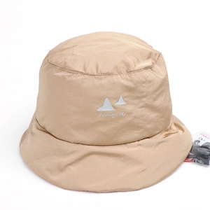 Foldable down cotton bucket hat in beige with mountain embroidery for outdoor hiking