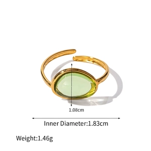 18k gold plated stainless steel open ring with oval jelly green gemstone and dimensions