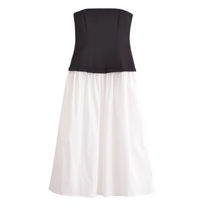 Elegant Strapless Midi Dress Colorblock Patchwork Back Zipper High Waist Pleated Polyester Dress For Women