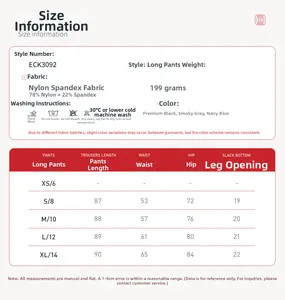 Detailed size chart for high waist yoga leggings showing measurements for S to XL sizes