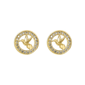 Close-up of gold-plated circular stud earrings with pavé zircon and hollow hummingbird