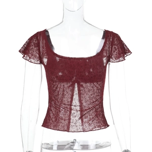 Detail of burgundy lace top featuring floral texture and elegant square neckline