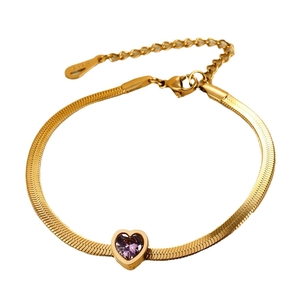 14K gold plated S925 sterling silver snake chain bracelet with purple heart zircon