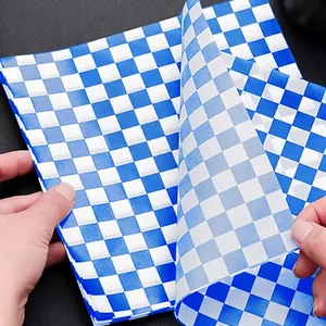 Blue and white checkered greaseproof wrapping paper for burgers and sandwiches