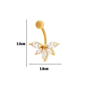 Macro view of gold belly ring with zircon flower and size dimensions 2.5cm by 2.0cm