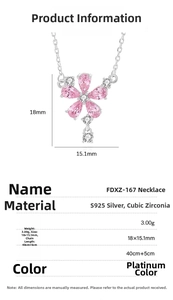 Size chart for S925 silver peach blossom necklace with 18x15.1mm pendant and 45cm chain
