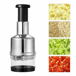 Manual stainless steel garlic press and food chopper with four ingredient results