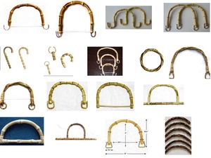 Detailed collection of various bamboo bag handles in D-shape and round styles with metal rings