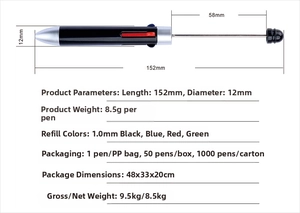Detailed size chart of 152mm creative four-color beaded ballpoint pen with 1.0mm refills
