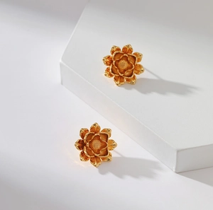 Vintage 18K gold-plated brass camellia flower earrings with a brushed metal finish
